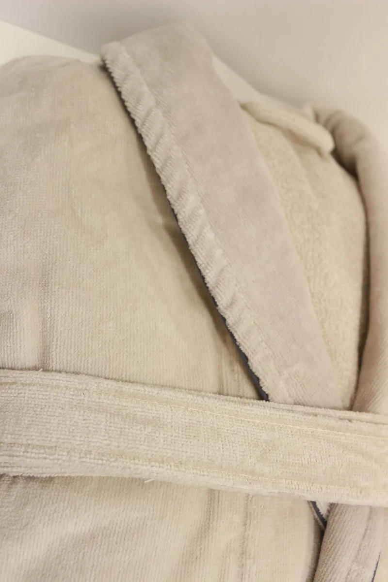 Ender Home Bathrobe Beige Velvet Shalyaka Model Two Pockets Belted Cotton Bathrobe L/XL