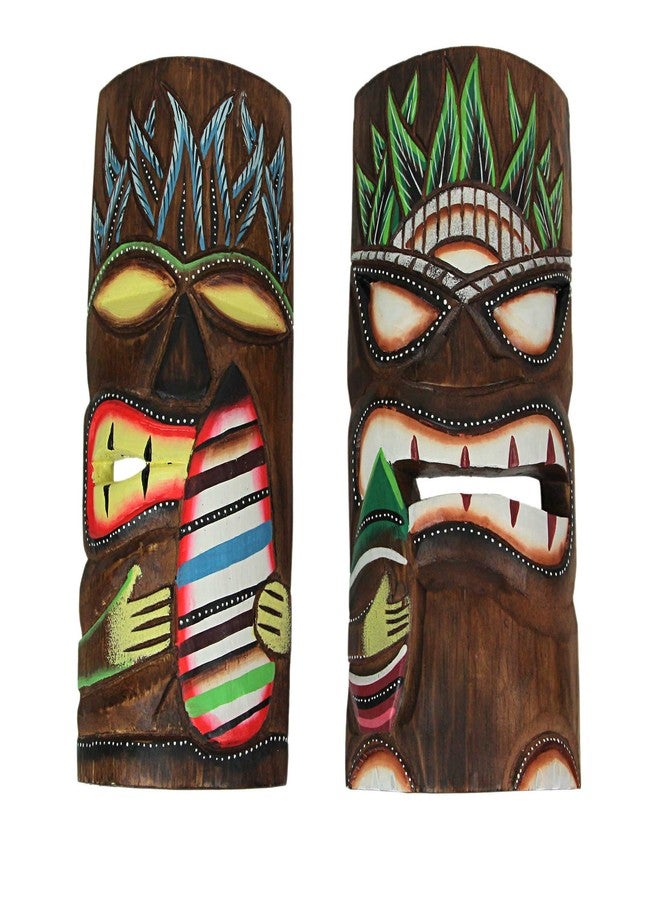 Things2Die4 Set of 2 Hand-Carved Polynesian-Style Wooden Surfer Tiki Masks Wall Hanging Tropical Beach Home Decor 12 Inches High - Great for Home Bars, Firepits and Island Themes - Image 1