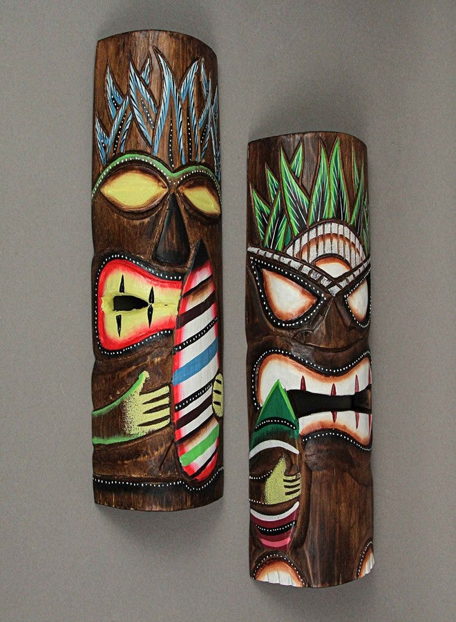 Things2Die4 Set of 2 Hand-Carved Polynesian-Style Wooden Surfer Tiki Masks Wall Hanging Tropical Beach Home Decor 12 Inches High - Great for Home Bars, Firepits and Island Themes - Image 4