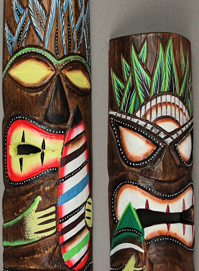 Things2Die4 Set of 2 Hand-Carved Polynesian-Style Wooden Surfer Tiki Masks Wall Hanging Tropical Beach Home Decor 12 Inches High - Great for Home Bars, Firepits and Island Themes - Image 5