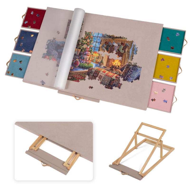 Lavievert Fully Flannel Covered Tilting Puzzle Board with 6 Drawers & Cover, Adjustable Plateau with Stand for Adults, Portable Puzzle Table with Non-Slip Tabletop for Up to 1500 Pieces - Dusty Pink - Image 1