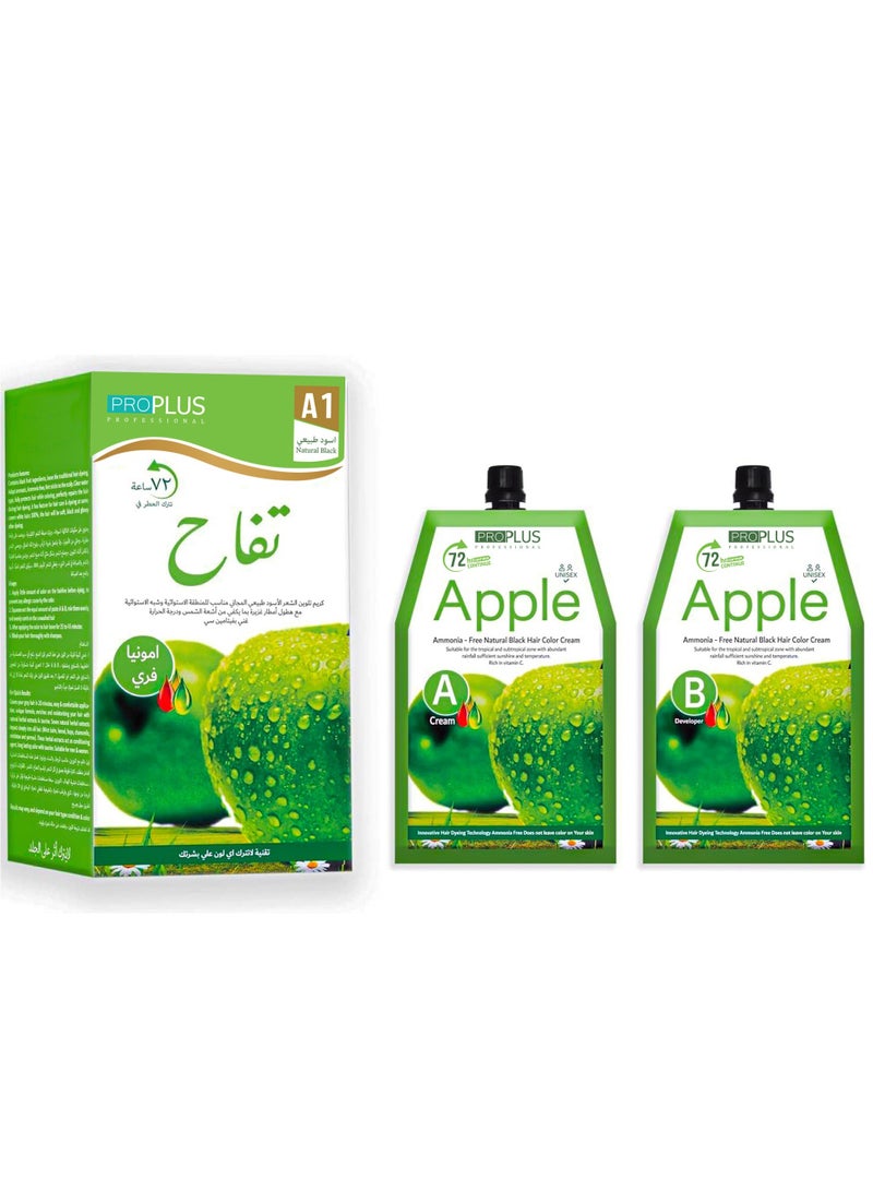 Ammonia Free Hair Color Cream - 500 ml Cream + 500 ml Developer - Apple (Natural Black A1)