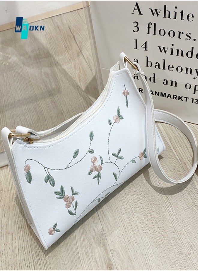 WAOKN - Women's Sweet and Fresh Embroidered Shoulder Bag, Ladies Casual Versatile Armpit Bag Crossbody Bag Sling Bag Side Bag, PU Leather Carrying Bag Handbag for Girls College Students and Teenagers - Image 1