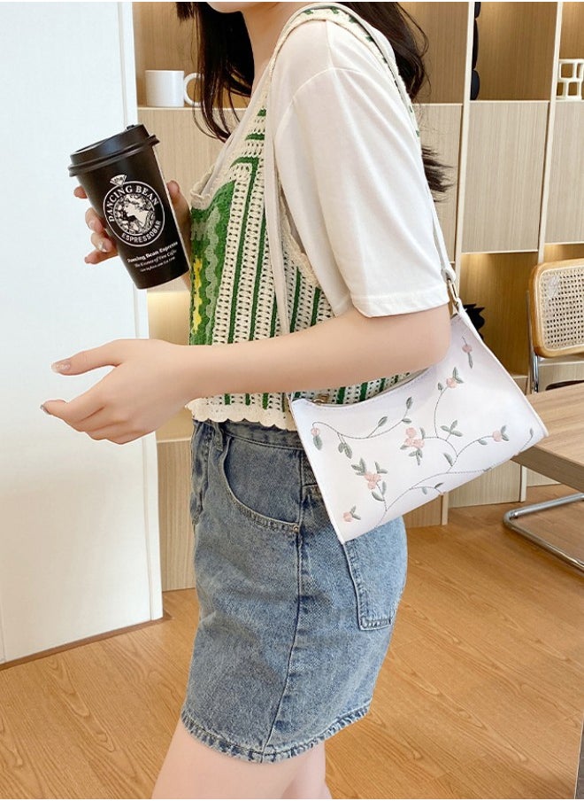 WAOKN - Women's Sweet and Fresh Embroidered Shoulder Bag, Ladies Casual Versatile Armpit Bag Crossbody Bag Sling Bag Side Bag, PU Leather Carrying Bag Handbag for Girls College Students and Teenagers - Image 1