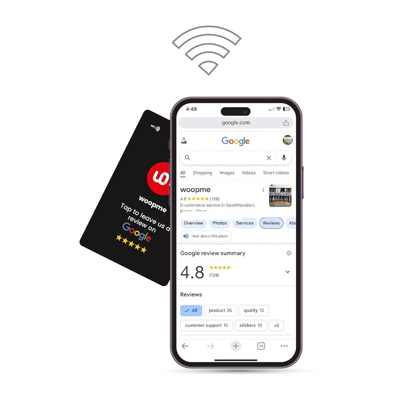 woopme Custom Logo Business Review NFC Card Along with QR Code with Tap or Scan to connect | Pre-Configured PVC Card | Works any NFC enabled Smart phone (Black) - Image 4