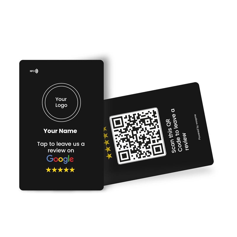 woopme Custom Logo Business Review NFC Card Along with QR Code with Tap or Scan to connect | Pre-Configured PVC Card | Works any NFC enabled Smart phone (Black) - Image 1
