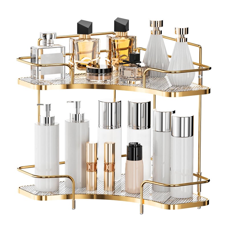 Seoneiro 2 Tier Corner Bathroom Counter Organizer Cosmetic Skincare Organizer Bathroom Countertop Perfume Tray Vanity Organizer Kitchen Spice Corner Storage Shelf - Image 2