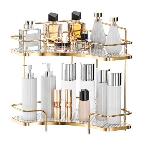 Seoneiro 2 Tier Corner Bathroom Counter Organizer Cosmetic Skincare Organizer Bathroom Countertop Perfume Tray Vanity Organizer Kitchen Spice Corner Storage Shelf - Image 1