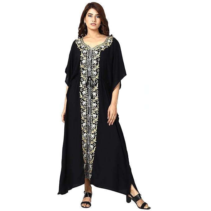 Ukal Women's and Girl's Rayon Long Nightwear Nighty Beach Wear Kaftan Maxi Summer Dress Nightwear Kimono Style Caftan (XXX-Large, Black) - Image 2