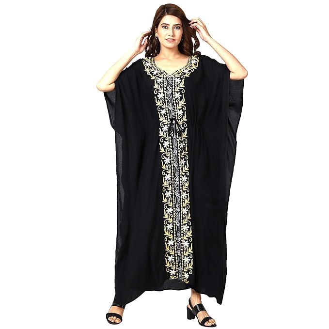 Ukal Women's and Girl's Rayon Long Nightwear Nighty Beach Wear Kaftan Maxi Summer Dress Nightwear Kimono Style Caftan (XXX-Large, Black) - Image 1