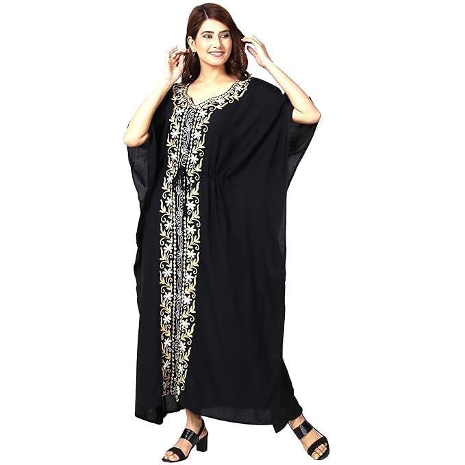 Ukal Women's and Girl's Rayon Long Nightwear Nighty Beach Wear Kaftan Maxi Summer Dress Nightwear Kimono Style Caftan (XXX-Large, Black) - Image 4