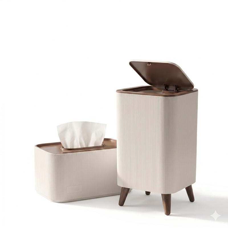 Lamsa Plast Modern Decorative Organizer and Accessories Set of 2 Pieces - Striped Tissue Box, Trash Can with Wooden Legs and Movable Lid for Office, Bathroom, Bedroom - Beige (White in Brown) - Image 1