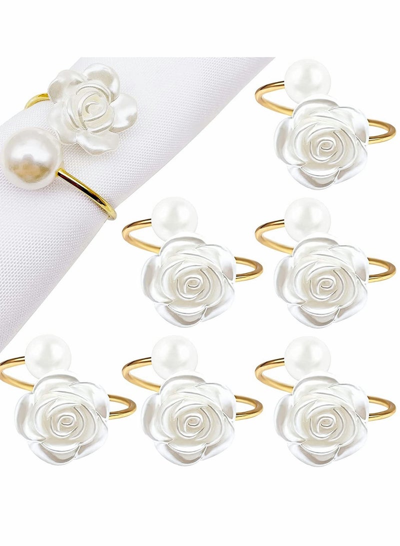 Bluejw Napkin Rings White Rose Pearl Dining Table Ring Holder Vintage Paper Towel Rings For Valentine's Day Wedding Banquet Home Decorations (6 Pcs) - Image 1