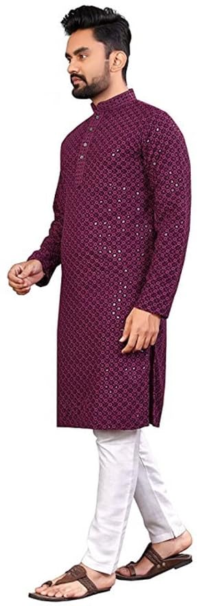 LookMark Present Men's Pure Rayon Chikankari Sequins Kurta||Men's Chikankari Purple Coloured Kurta|| AZ-LM-OG-Kurta 11 Purple-M - Image 3