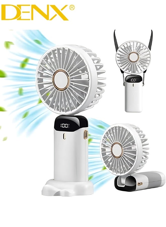 دينكس مروحة دينكس المحمولة باليد، مروحة صغيرة قابلة لإعادة الشحن بمنفذ USB بقوة 4000 مللي أمبير/ساعة مع شاشة رقمية، مروحة جيب شخصية صغيرة بخمس سرعات، مروحة مكتب قابلة للطي مع حبل وقاعدة للاستخدام المنزلي والسفر في الهواء الطلق (أبيض) - Image 1