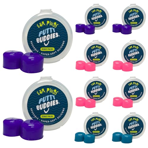 Earvolution Original Putty Buddies Ear Plugs for Swimming Invented by an Ear Physician Moldable Premium Silicone Ear Plugs One Size Waterproof Made in the USA 10 pack PurpleTealMagenta