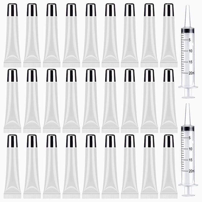AMORIX 50PCS Lip Gloss Containers 15ml Silver Cap Refillable Cosmetic Squeeze Tubes 2 x 20ml Syringes Tag Labels Stickers for DIY Lip Gloss Base Glitter