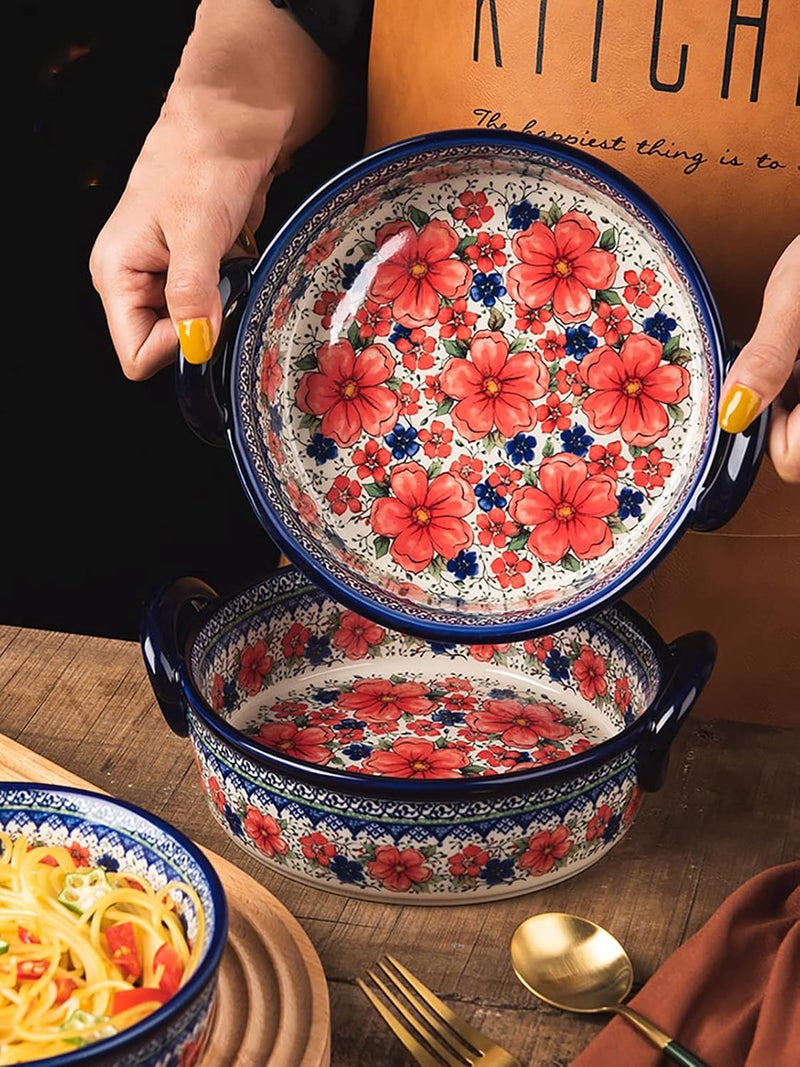 Bicuzat Vintage Style Cherry Blossom Flowers Pottery Bakeware Ceramic Casserole Dish Baking Pan Lasagna Pans Baking Dish with Handles for Oven to Table-1 PCS, 32 oz - Image 3