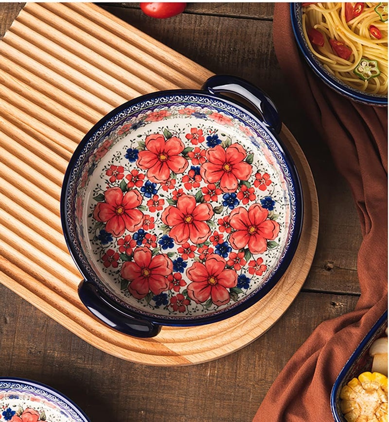 Bicuzat Vintage Style Cherry Blossom Flowers Pottery Bakeware Ceramic Casserole Dish Baking Pan Lasagna Pans Baking Dish with Handles for Oven to Table-1 PCS, 32 oz - Image 5