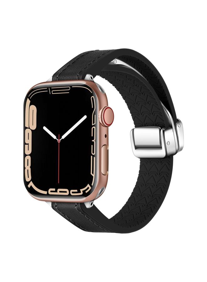 Replacement Strap For Apple Watch SE 44mm Magnetic Folding Leather Silicone Watch Band Napa Black
