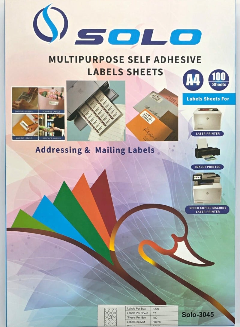 Solo Multipurpose Self Adhesive Labels Sheets, Color: GOLD (12 Round Stickers x 100 Sheet) 1200 Stickers, Size: (60mm x 60mm) - Image 1