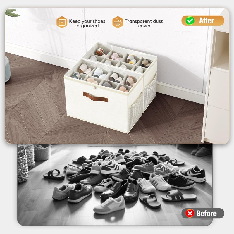 Budding Joy 2 Pack Shoe Organizer for Closet, Clear Foldable Shoe Storage Containers Adjustable Dividers Fits 16 Pairs,Shoe Storage Bins Baskets Boxes with Reinforced Handles Beige - Image 2