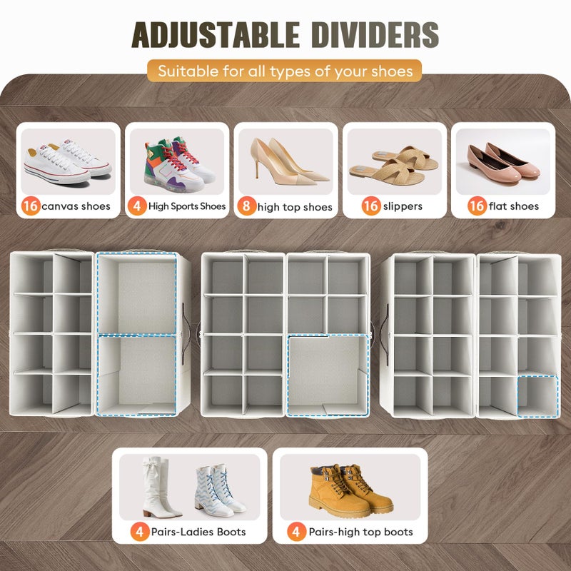 Budding Joy 2 Pack Shoe Organizer for Closet, Clear Foldable Shoe Storage Containers Adjustable Dividers Fits 16 Pairs,Shoe Storage Bins Baskets Boxes with Reinforced Handles Beige - Image 3