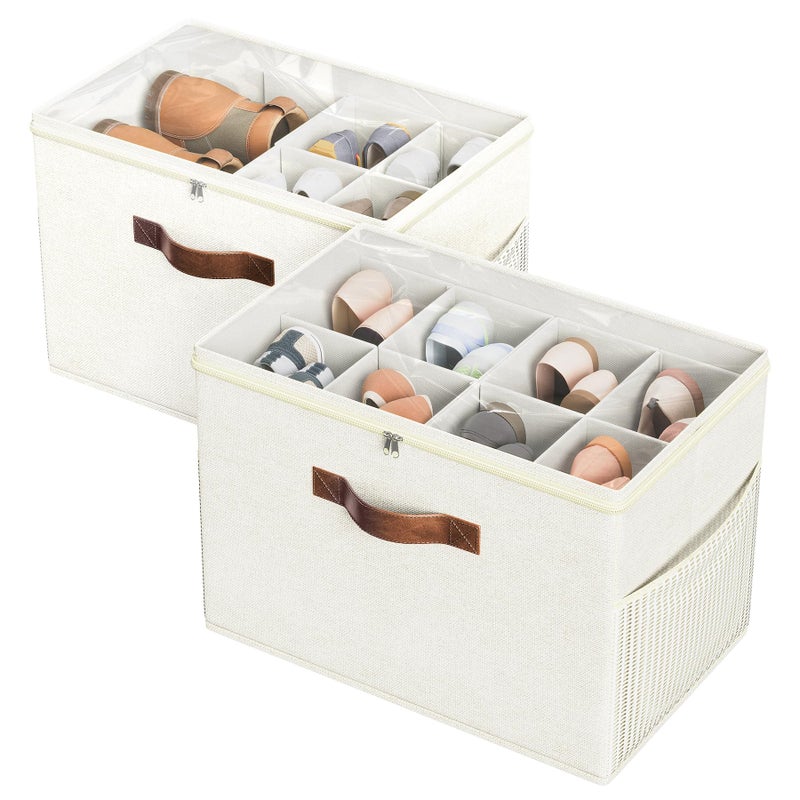 Budding Joy 2 Pack Shoe Organizer for Closet, Clear Foldable Shoe Storage Containers Adjustable Dividers Fits 16 Pairs,Shoe Storage Bins Baskets Boxes with Reinforced Handles Beige - Image 1
