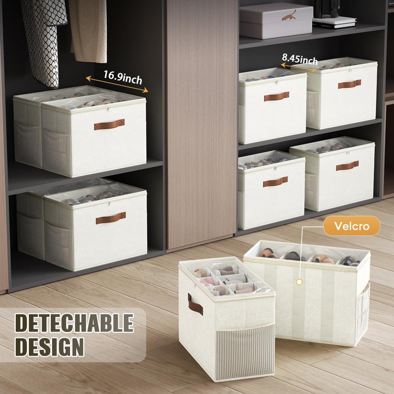 Budding Joy 2 Pack Shoe Organizer for Closet, Clear Foldable Shoe Storage Containers Adjustable Dividers Fits 16 Pairs,Shoe Storage Bins Baskets Boxes with Reinforced Handles Beige - Image 5