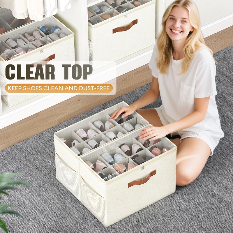 Budding Joy 2 Pack Shoe Organizer for Closet, Clear Foldable Shoe Storage Containers Adjustable Dividers Fits 16 Pairs,Shoe Storage Bins Baskets Boxes with Reinforced Handles Beige - Image 4