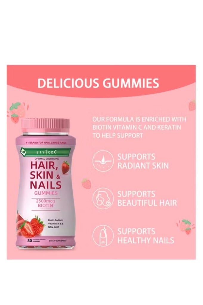 BIYODE جواهر الشعر والبشرة والأظافر - فيتامينات متعددة بنكهة الفراولة لشعر أقوى، وبشرة متألقة، وأظافر صحية - 80 جواهر - Image 2