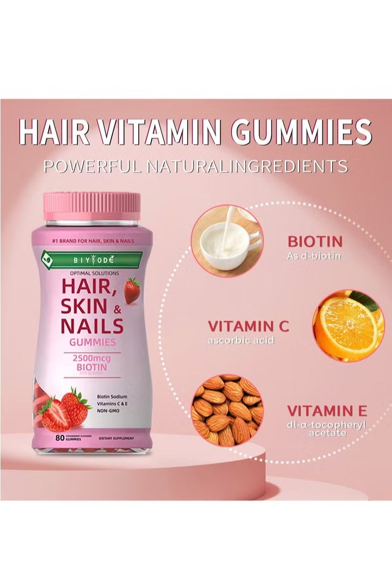BIYODE جواهر الشعر والبشرة والأظافر - فيتامينات متعددة بنكهة الفراولة لشعر أقوى، وبشرة متألقة، وأظافر صحية - 80 جواهر - Image 5
