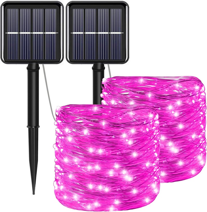 YAOZHOU Solar Christmas String Lights Pink Outdoor Waterproof 100 LED（2 Pack） 8 Modes Copper String Lights Fairy Lights for Valentines Day Garden, Patio, Fence, Balcony, Outdoors(Pink 2pcs - Image 1