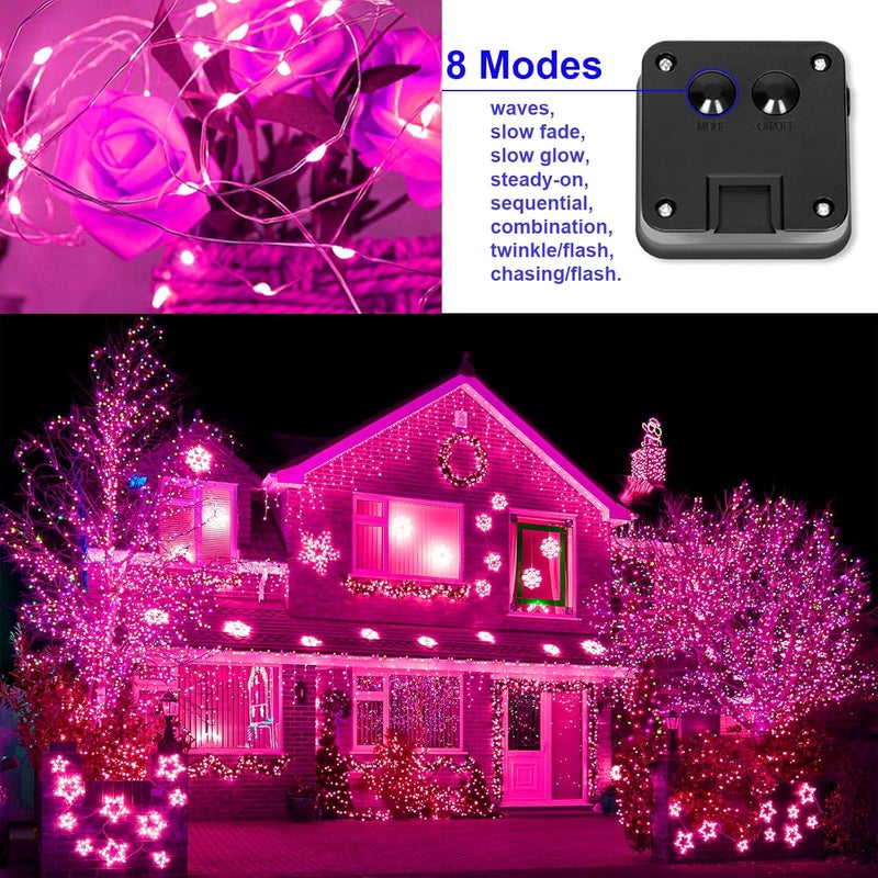 YAOZHOU Solar Christmas String Lights Pink Outdoor Waterproof 100 LED（2 Pack） 8 Modes Copper String Lights Fairy Lights for Valentines Day Garden, Patio, Fence, Balcony, Outdoors(Pink 2pcs - Image 4