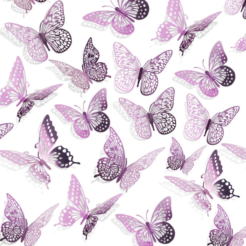 SAOROPEB 3D Butterfly Wall Decor 48 Pcs 4 Styles 3 Sizes Removable Stickers for Birthday Party Decorations Lavender