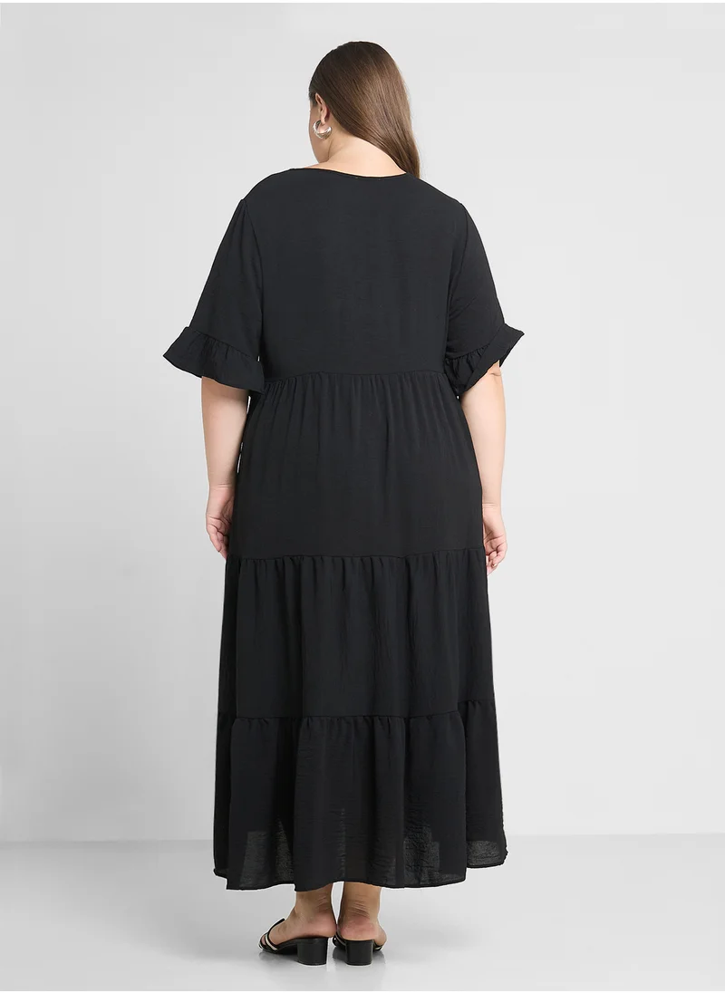 Ginger Plus Tiered T-Shirt Dress With Frill Sleeves