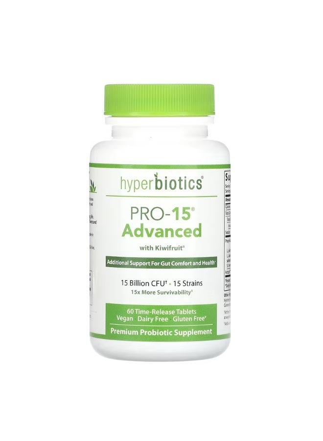 Hyperbiotics PRO 15 Advanced with Kiwifruitx 15 Billion CFU 60 Time Release Tablets - Image 1