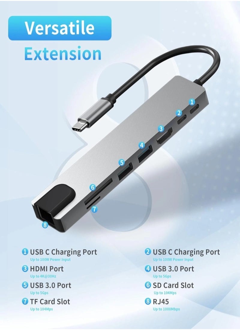 USB C Hub, 8 in 1 USB C Docking Station with 4K HDMI,100W PD, 3 5Gbps Data Ports(2 USB-C & 3 USB 3.0),TF/SD Card Reader, USB Hub for Laptop, MacBook Pro/Air/Mac/Dell/HP/ASUS/Acer/Steam Deck