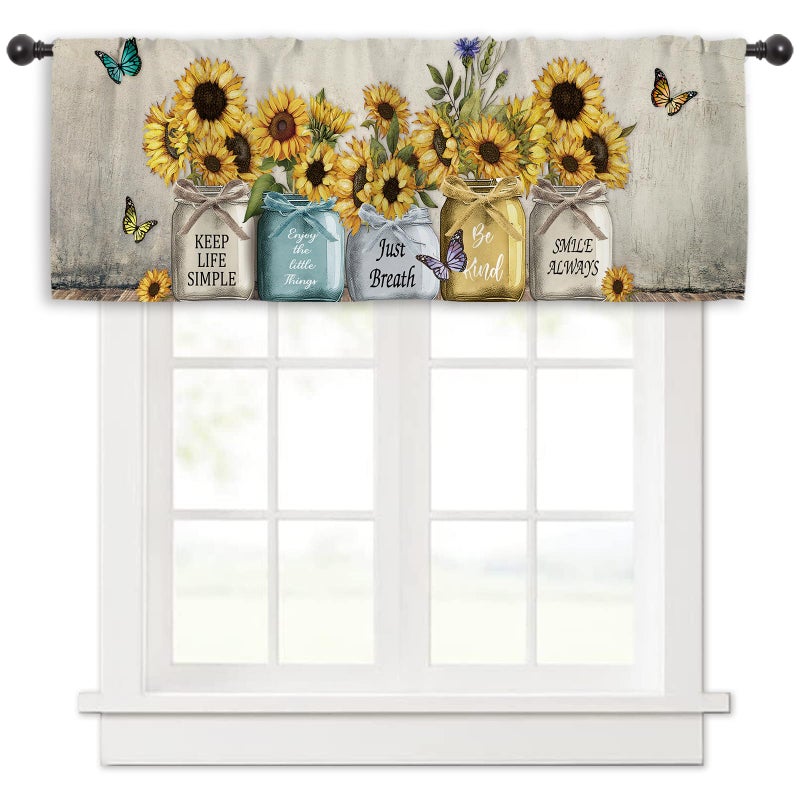 Miyotaa Rustic Sunflower Farmhouse Kitchen Curtain Valance 54W x 18H Rod Pocket Quotes Motivational Inspirational Country Vintage Window Treatment for Living Room Bedroom Bathroom - Image 1