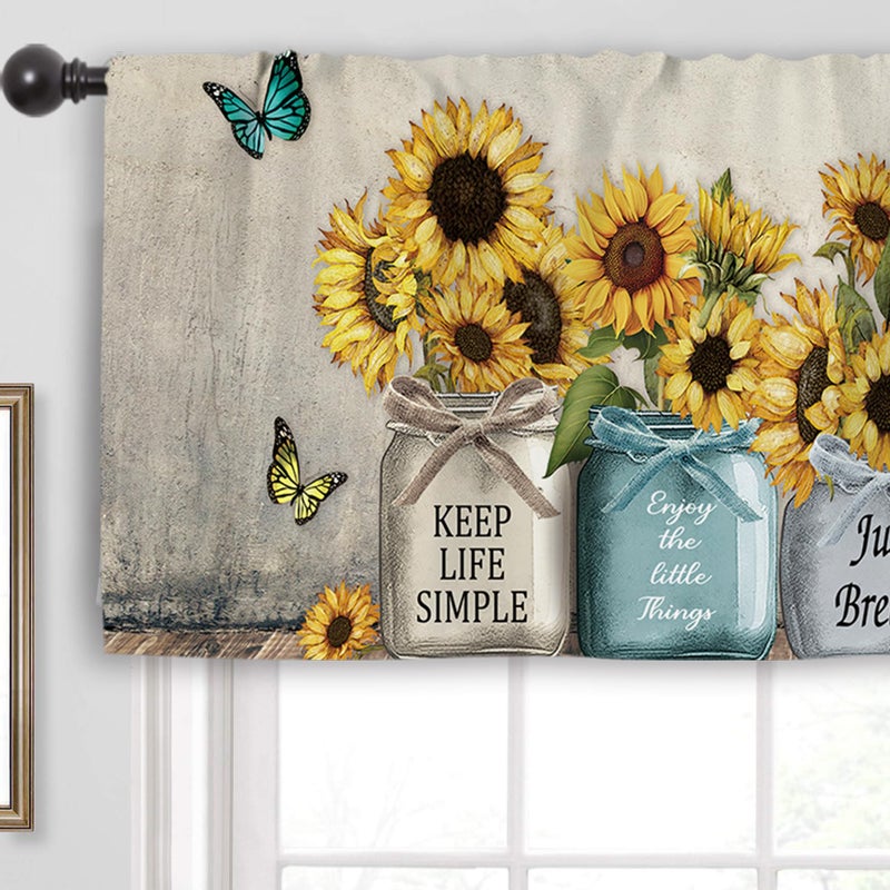 Miyotaa Rustic Sunflower Farmhouse Kitchen Curtain Valance 54W x 18H Rod Pocket Quotes Motivational Inspirational Country Vintage Window Treatment for Living Room Bedroom Bathroom - Image 2