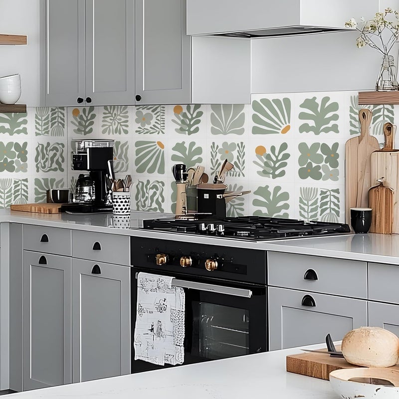 Alwayspon Self-Adhesive Vinyl Wall Tile Stickers, 10Pcs 20cm/8inch Peel and Stick on Tiles Transfer Vinyl Flooring Waterproof Splashback for Kitchen Bathroom, Sage Green Floral - Image 5