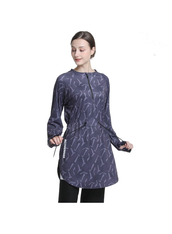 تيار رياضي نسائي محتشم  مقاس واسع مع خصر مُنسَّق  طويل برقبة مستديرة - Image 1