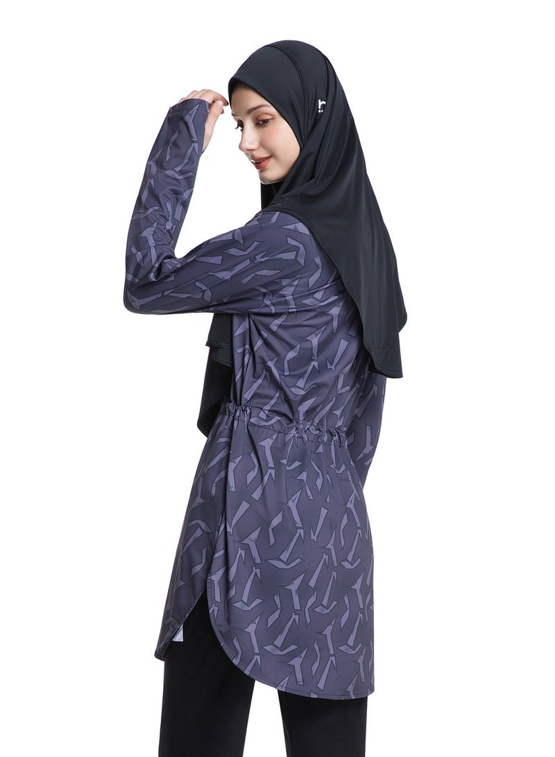 تيار رياضي نسائي محتشم  مقاس واسع مع خصر مُنسَّق  طويل برقبة مستديرة - Image 2