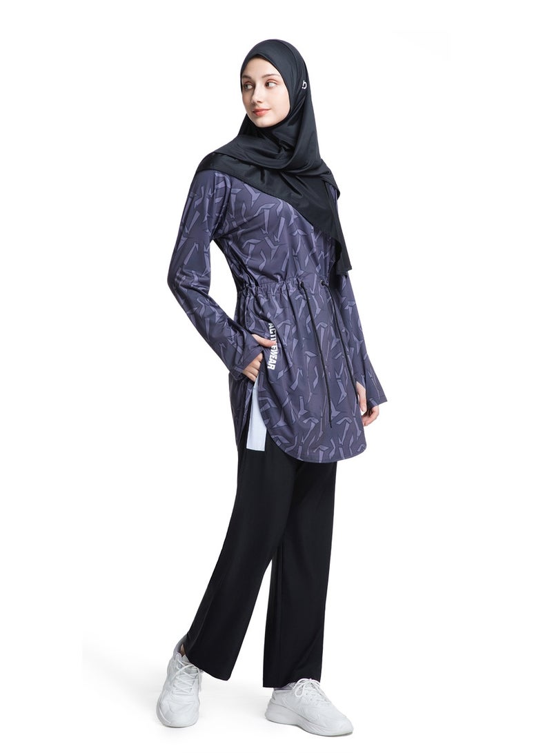 تيار رياضي نسائي محتشم  مقاس واسع مع خصر مُنسَّق  طويل برقبة مستديرة - Image 3