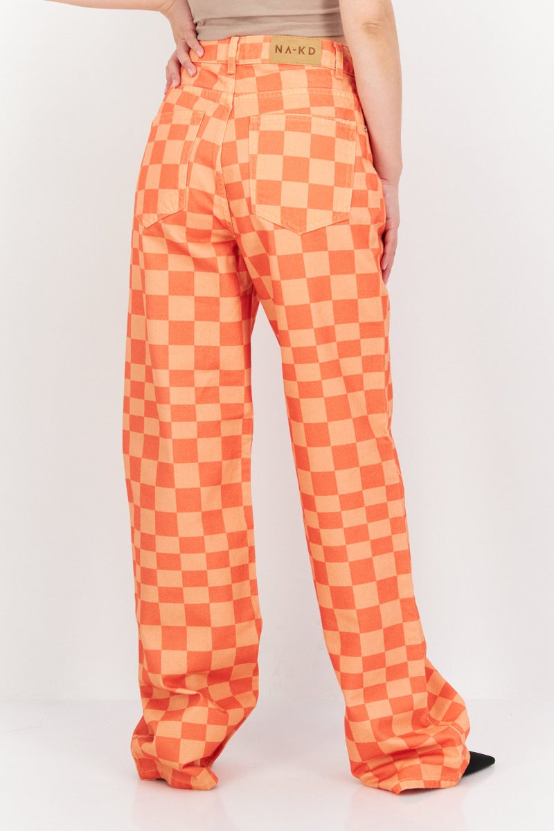 NA-KD Women Regular Fit Checkered Board Denim, Orange - Image 3