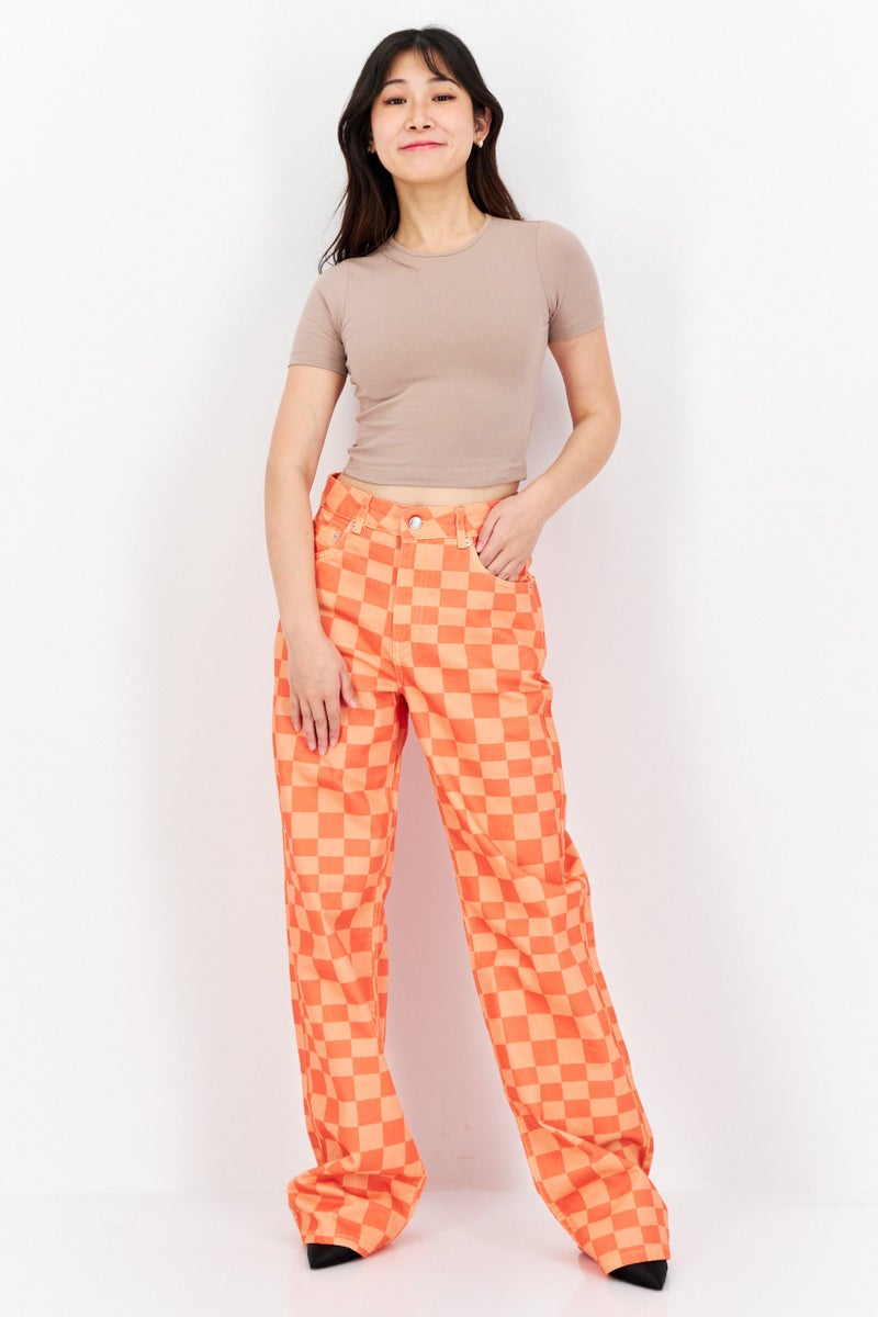NA-KD Women Regular Fit Checkered Board Denim, Orange - Image 4