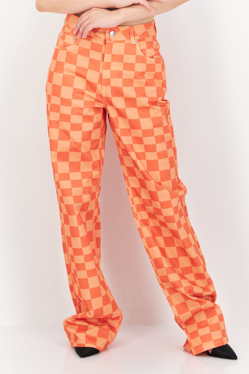NA-KD Women Regular Fit Checkered Board Denim, Orange - Image 1