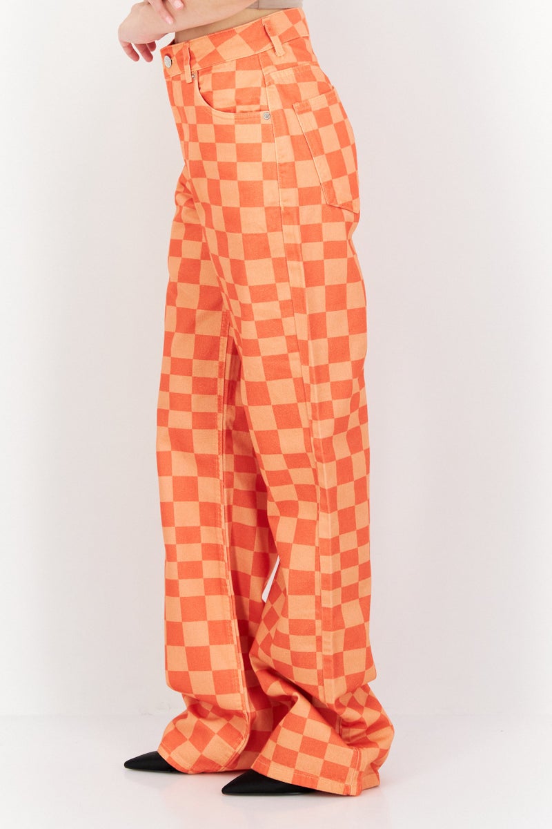 NA-KD Women Regular Fit Checkered Board Denim, Orange - Image 4