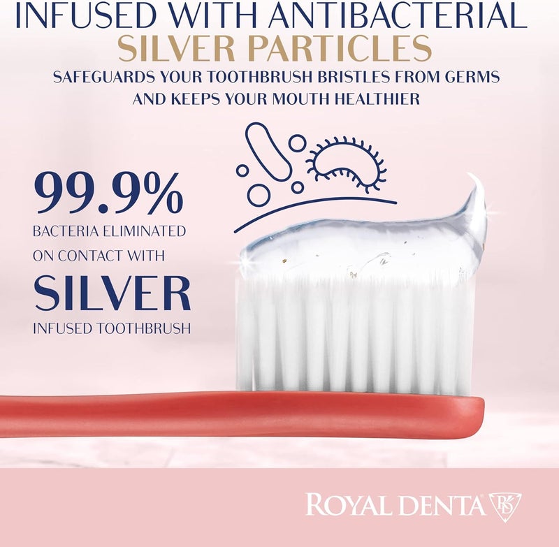 Royal Denta فرشاة أسنان ناعمة جدًا للبالغين، بشعيرات ناعمة للغاية، فرشاة يدوية مزودة بشعيرات ذات طول مزدوج مدمجة بجزيئات الفضة للأسنان واللثة الحساسة، تزيل البلاك بلطف، مصنوعة في كوريا (لون أحمر قرمزي) - Image 3