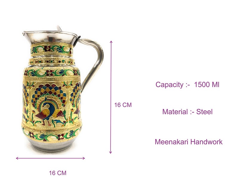 Navrang Stainless Steel Meenakari Decorative Peacock Jug, Water Pitcher Serving Jug - 1.5 L Return Gifts - Image 4